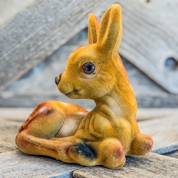 1970’s Vintage Flocked Spotted Fawn/Deer Laying Down Figurine-Christmas Decor - Picture 5 of 11